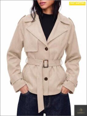 Faux Suede Women's Lightweight Short Trench Coat with Belt